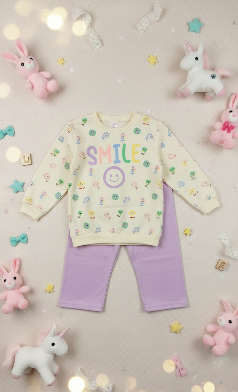 Girl's "Smile" Floral Jersey Set - Cream Sweatshirt & Pants