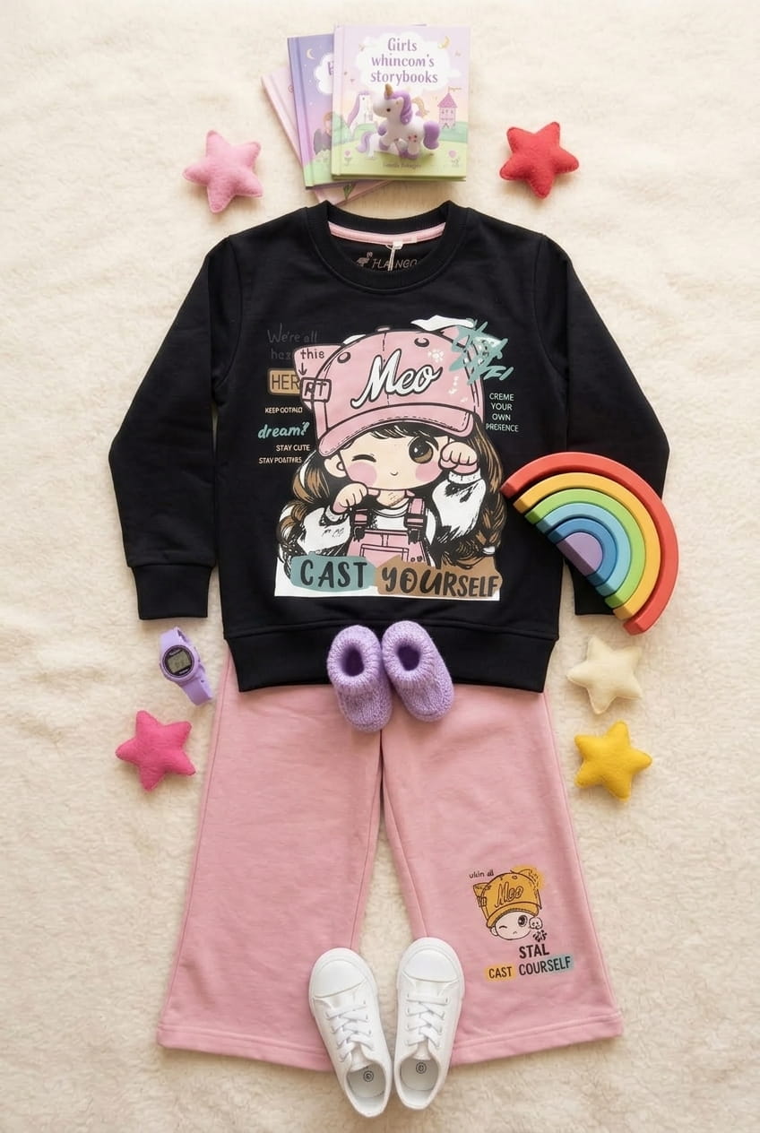 Girls Co-ord Winter Set – Graphic Fleece Sweatshirt and Trouser Suit