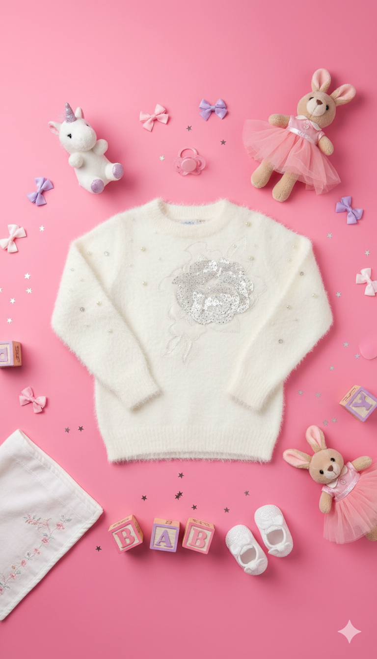 Baby Girl's Fuzzy White Sequin Sweater Flat Lay