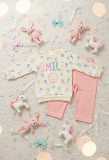 Girl's "Smile" Floral Jersey Set - Cream Sweatshirt & Pants
