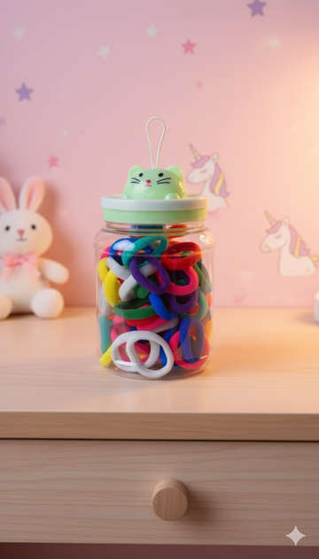Colorful Toddler Hair Elastics in Cute Cat Jar