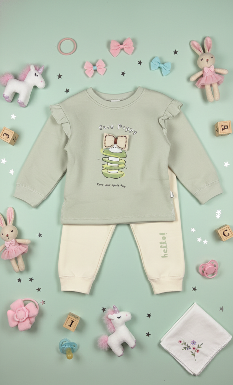 Sage Green Ruffle Top & Cream Pants - 2 Piece Suit