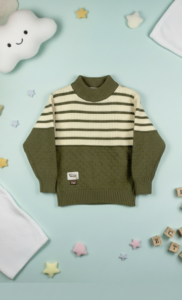 Kids' Olive Green & Cream Striped Color-Block Sweater