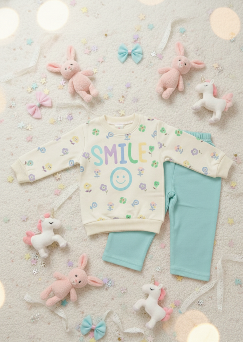 Girl's "Smile" Floral Jersey Set - Cream Sweatshirt & Pants