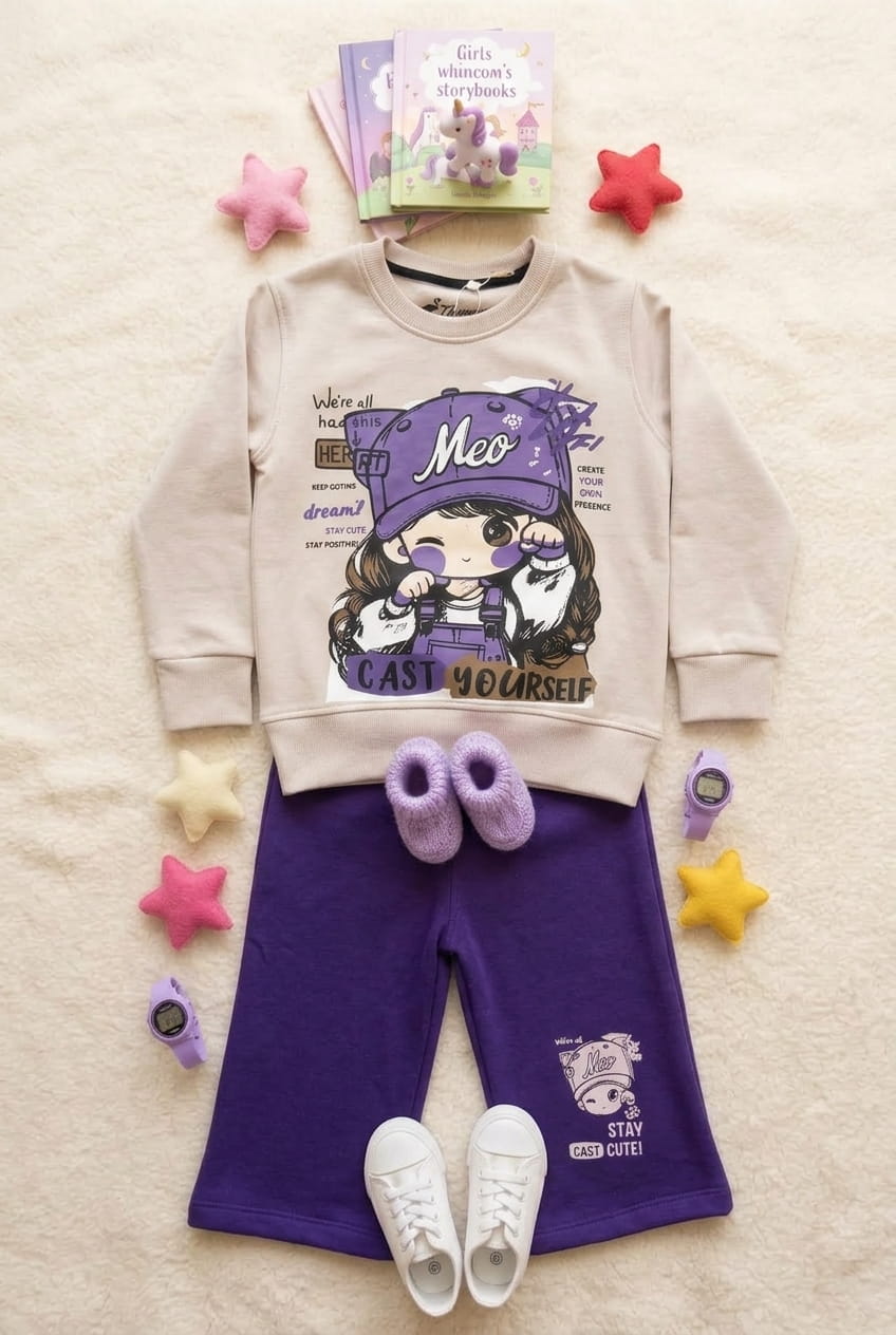 Girls Co-ord Winter Set – Graphic Fleece Sweatshirt and Trouser Suit