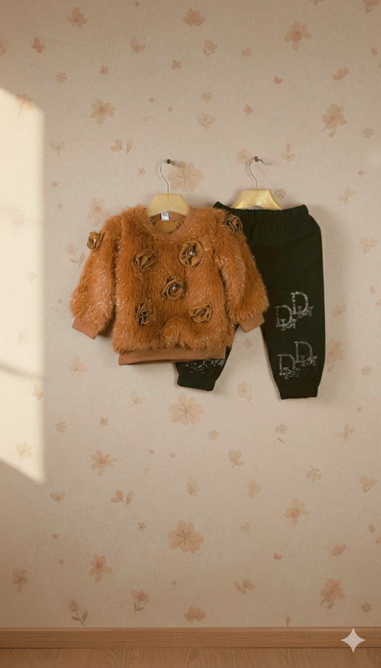 Plush Floral Sweater & Black Jogger Set for Girls