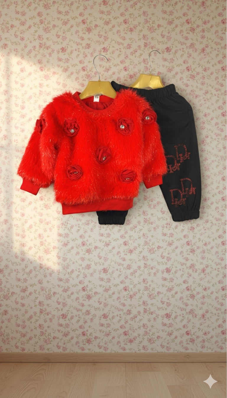 Plush Floral Sweater & Black Jogger Set for Girls
