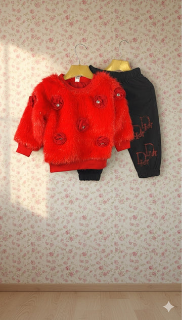 Plush Floral Sweater & Black Jogger Set for Girls