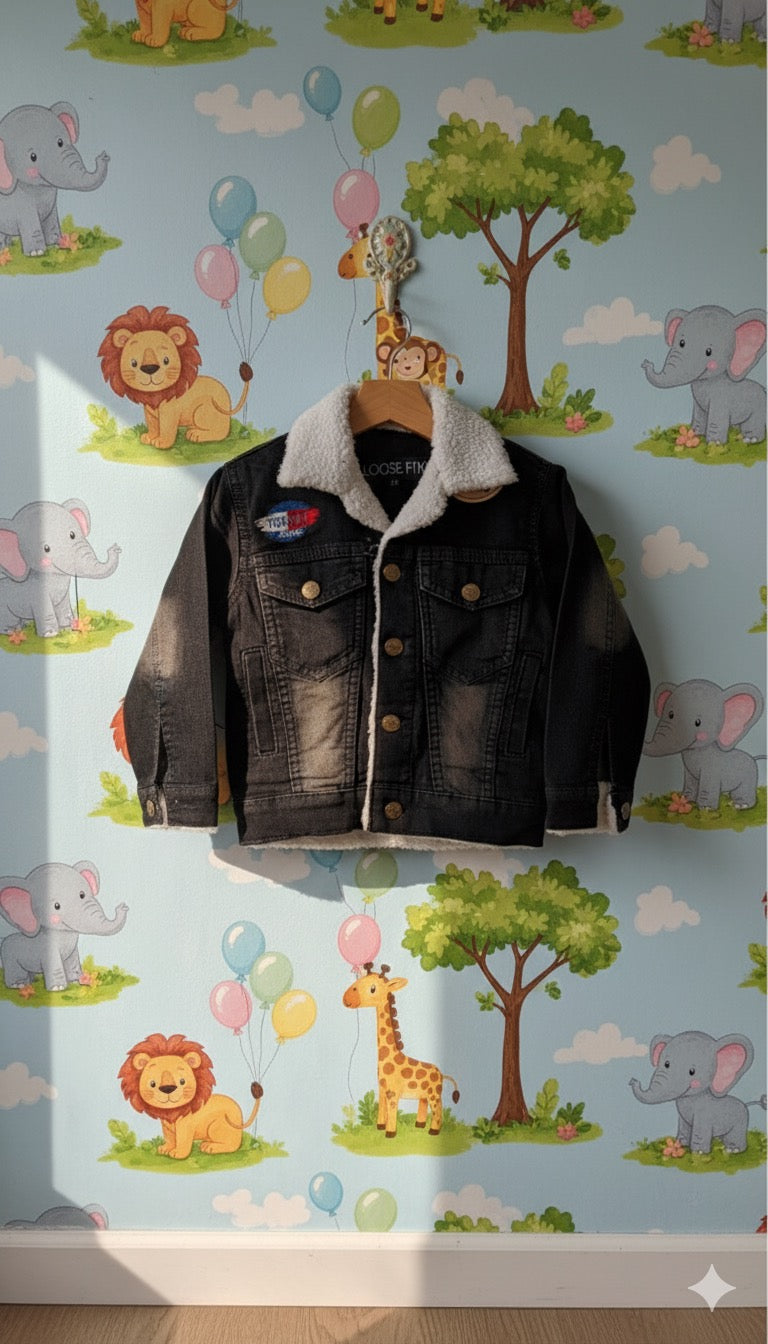 Toddler's Faded Black Denim Jacket with Faux Fur Lining