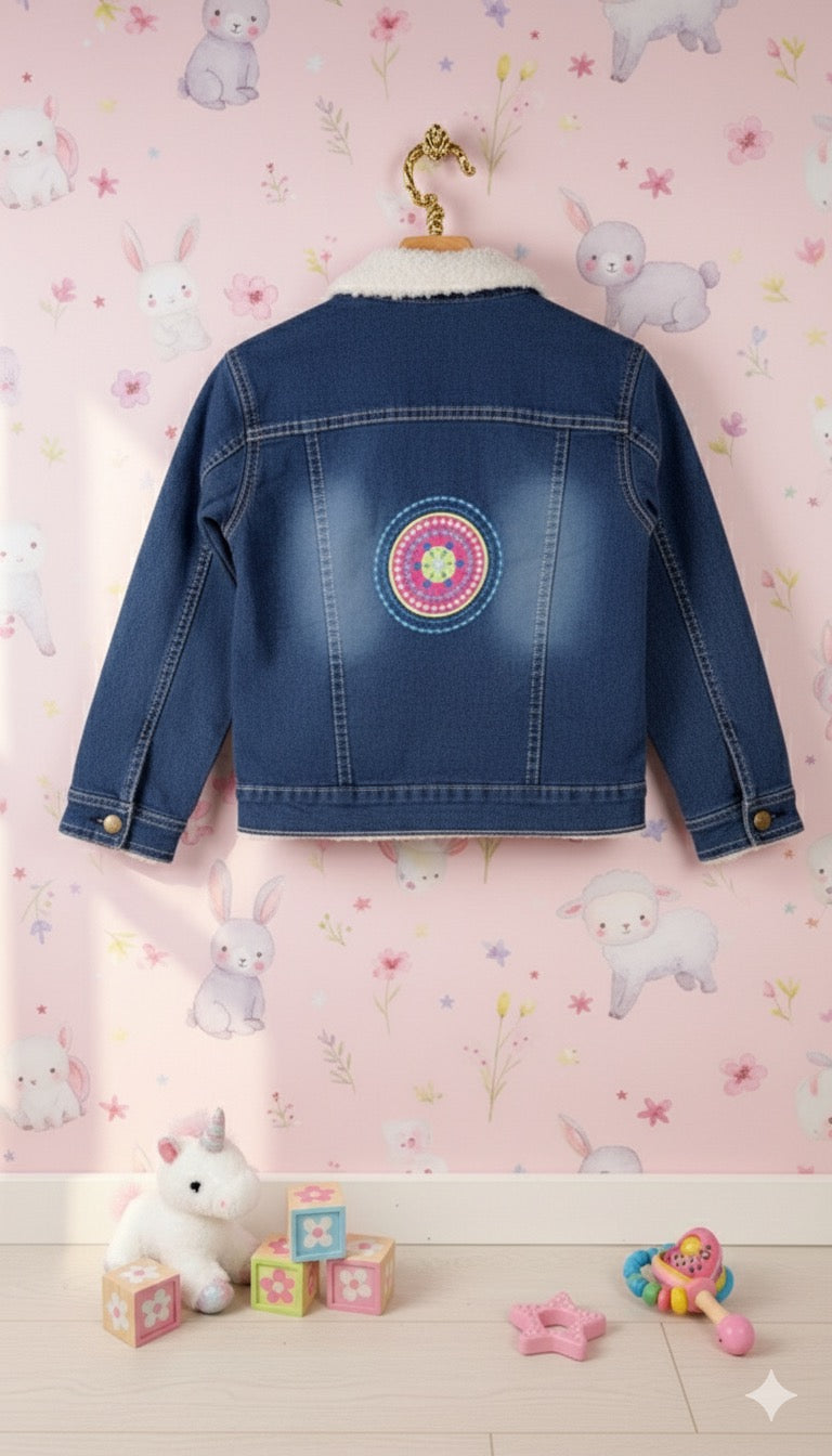 Baby Girl's Embroidered Denim Jacket with Inner Faux Fur