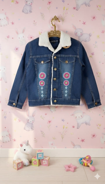 Baby Girl's Embroidered Denim Jacket with Inner Faux Fur