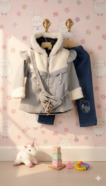 Stylish Grey Toddler Coat, Jeans, and Attached Purse Set