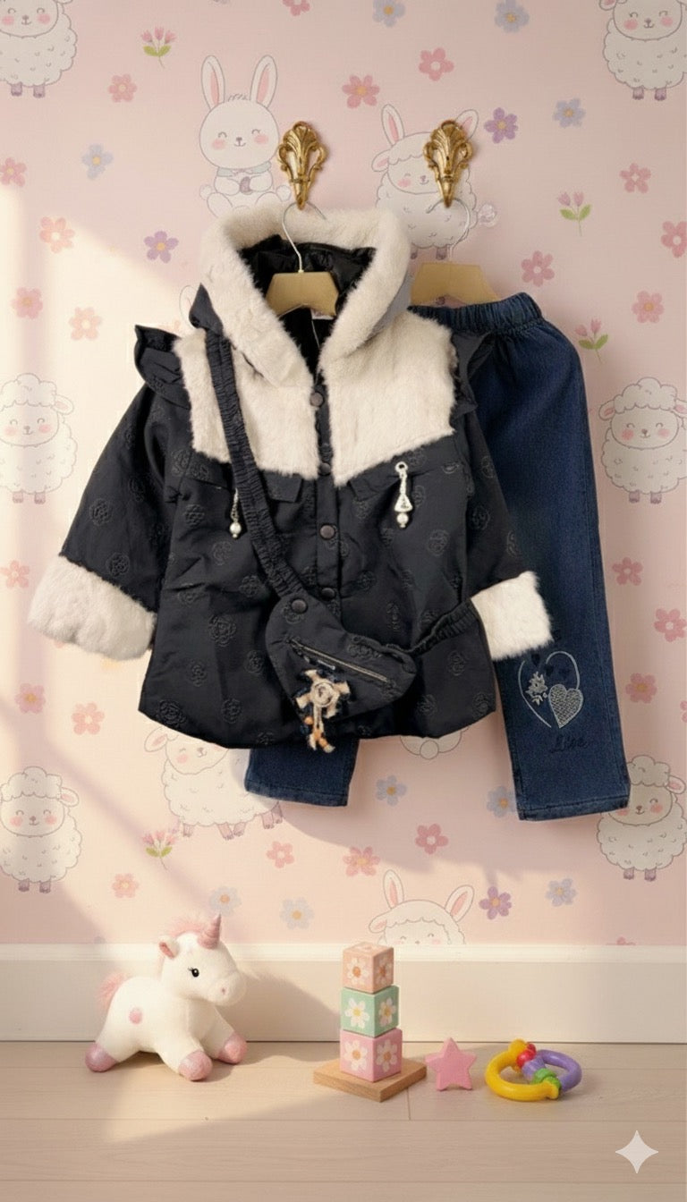 Stylish Grey Toddler Coat, Jeans, and Attached Purse Set