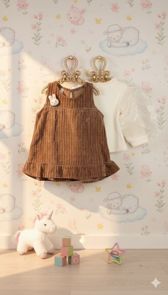 Toddler Girl's Brown Corduroy Pinafore Dress & Puffy Sleeve Top Set
