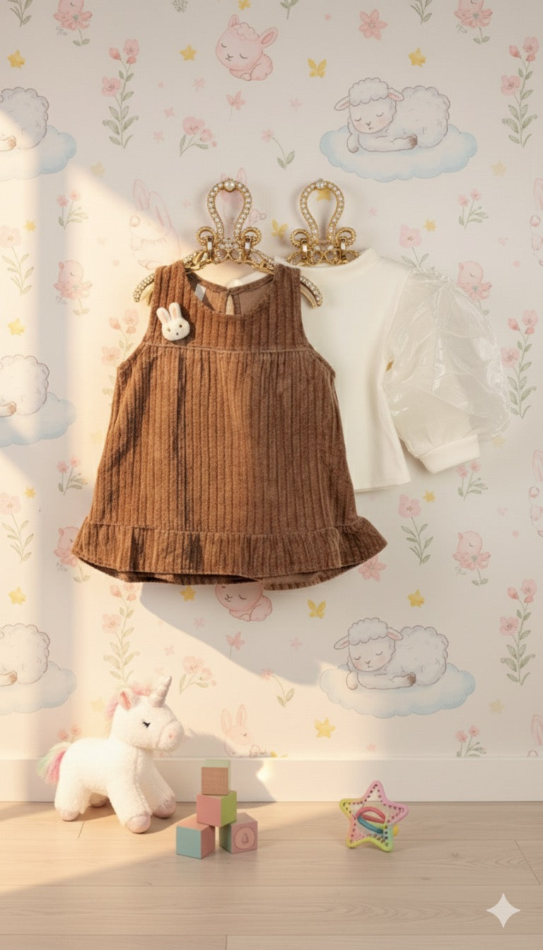 Toddler Girl's Brown Corduroy Pinafore Dress & Puffy Sleeve Top Set
