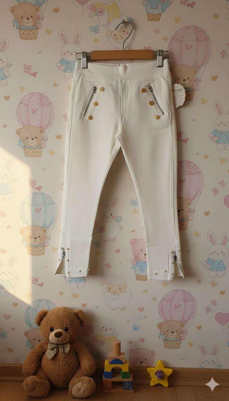 Girl's Stylish White Pent with Zipper and Pearl