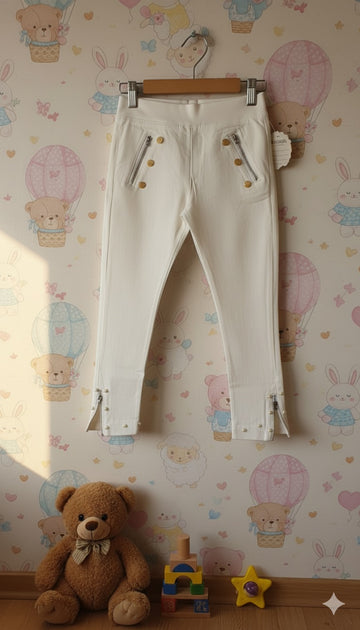 Girl's Stylish White Pent with Zipper and Pearl