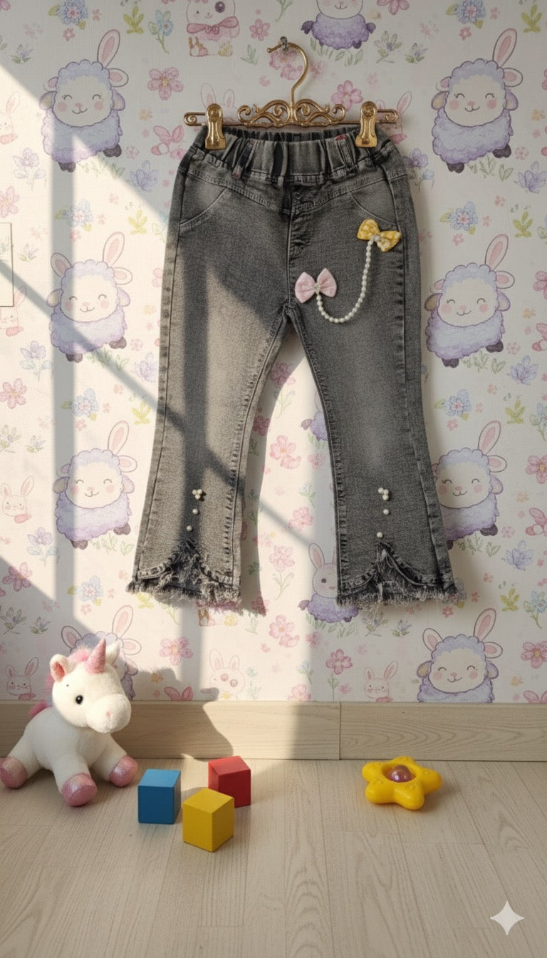 Toddler Girl's Faded Grey Jeans with Bow and Pearl Details