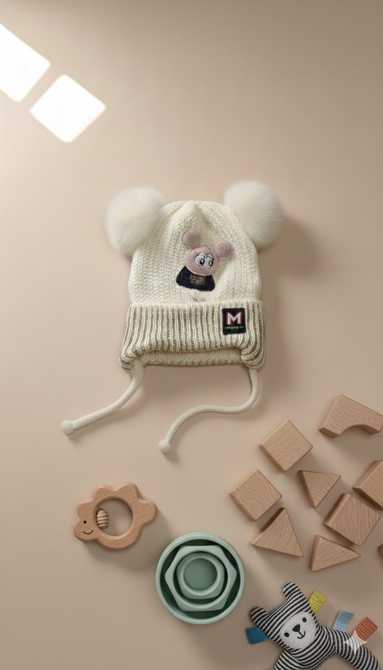 White Wool Knit Baby Hat with Pompoms and Character Patch