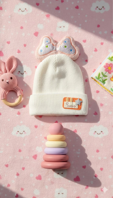 Sweet White Ribbed Knit Baby Beanie with Butterfly Wings