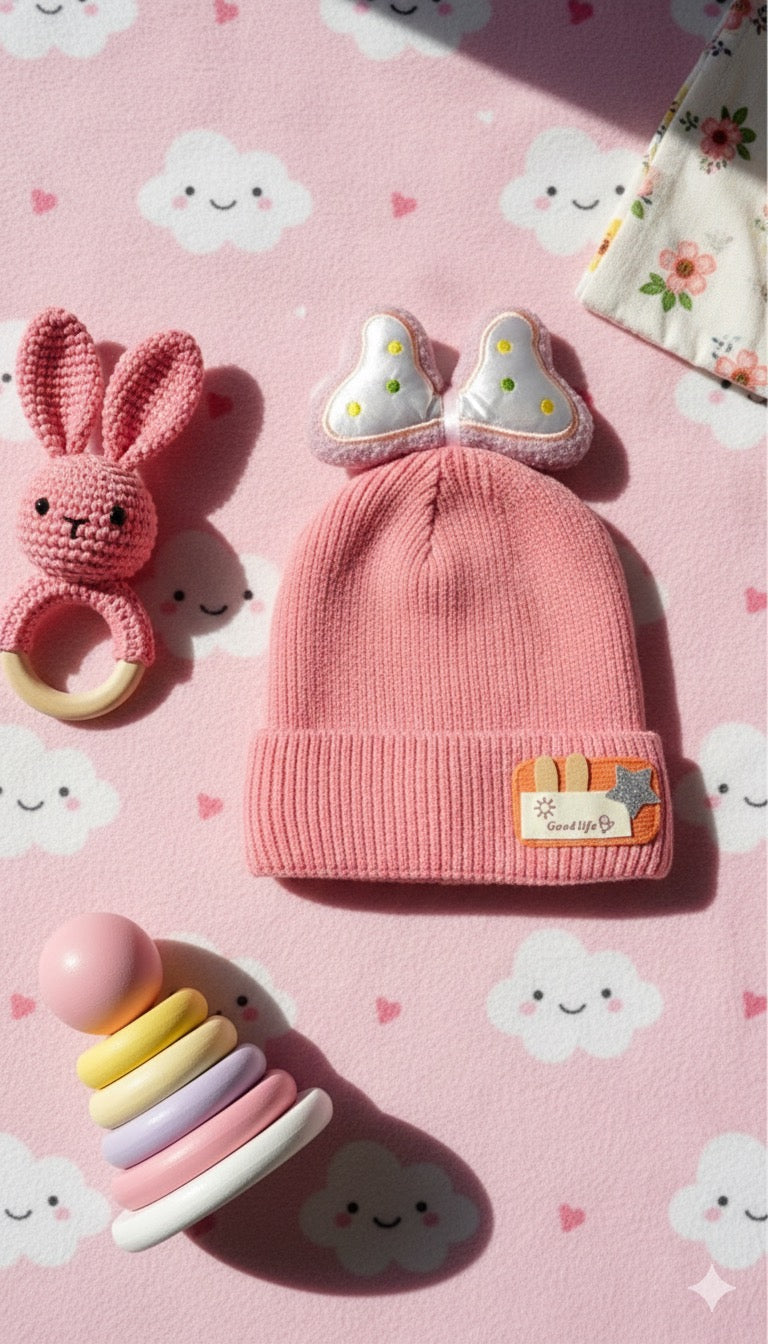 Sweet White Ribbed Knit Baby Beanie with Butterfly Wings