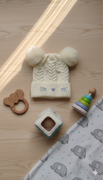 Cream Cable Knit Baby Hat with Pompom Ears & Cat Face