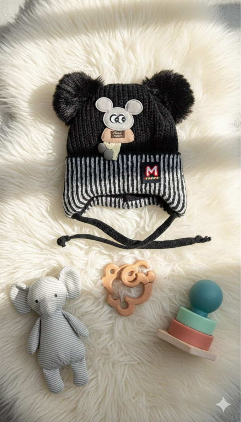 White Wool Knit Baby Hat with Pompoms and Character Patch