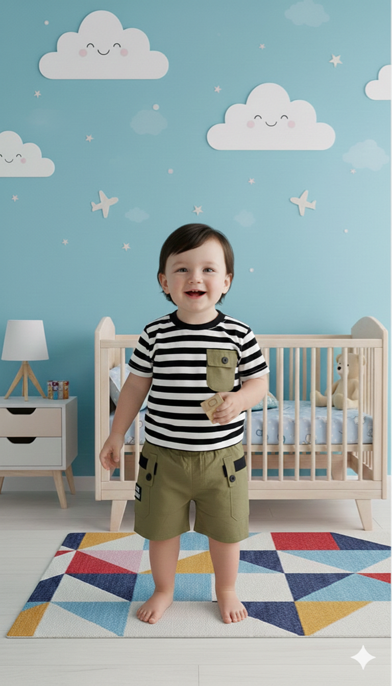 Imported Boys' Nautical Striped Utility Set – Khaki & Olive