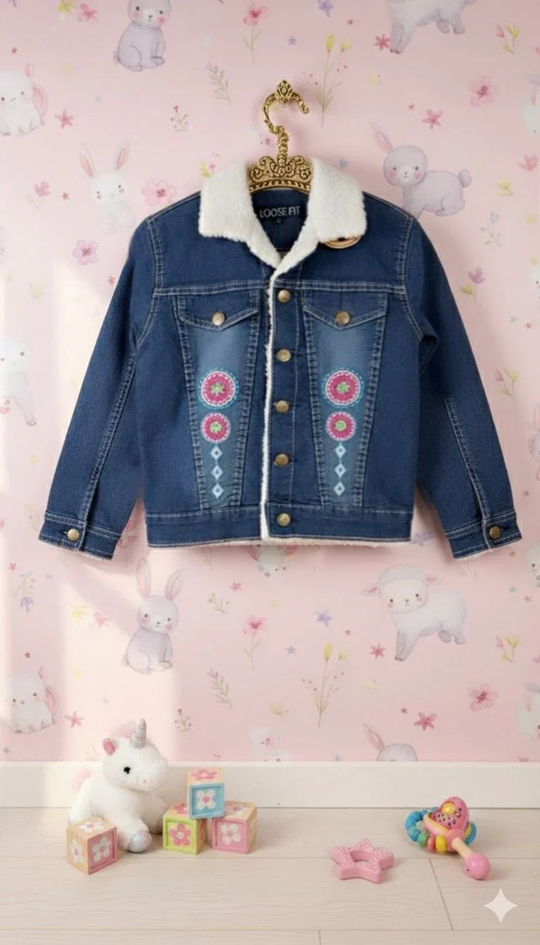 Baby Girl's Embroidered Denim Jacket with Inner Faux Fur - Kiddy Bloom