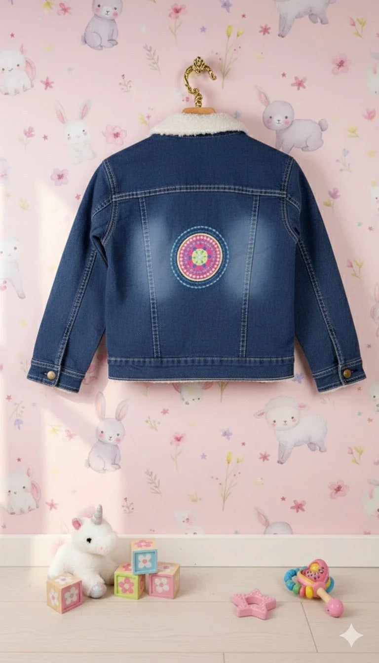 Baby Girl's Embroidered Denim Jacket with Inner Faux Fur - Kiddy Bloom