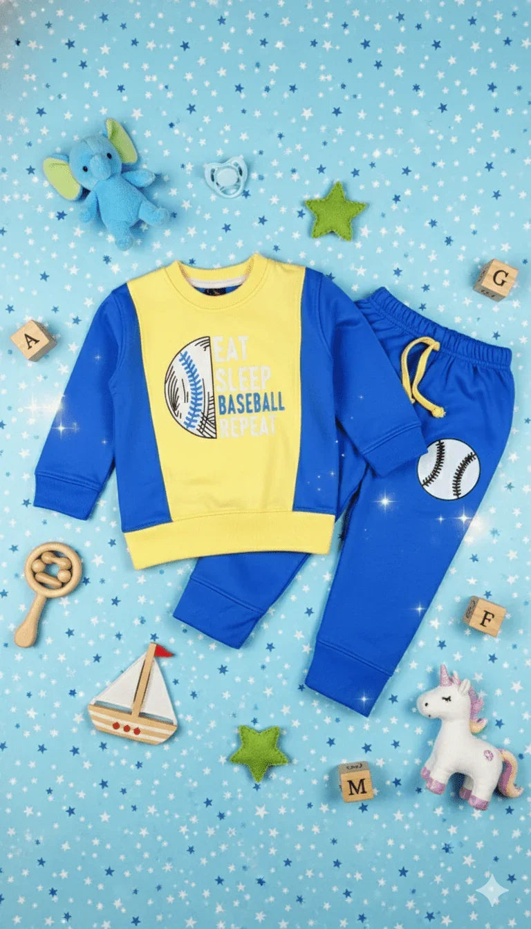 Boy's "Baseball Repeat" Sweat suit - Blue & Yellow - Kiddy Bloom