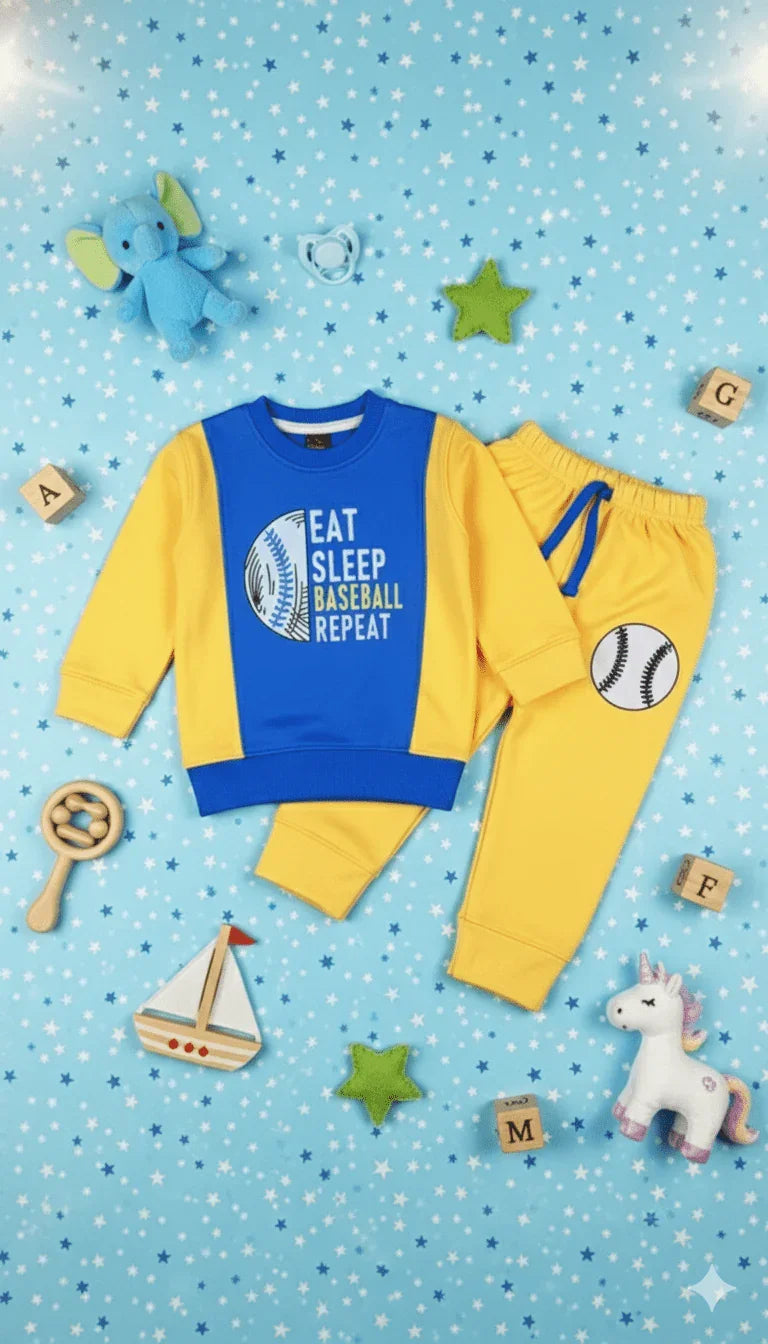 Boy's "Baseball Repeat" Sweat suit - Blue & Yellow - Kiddy Bloom