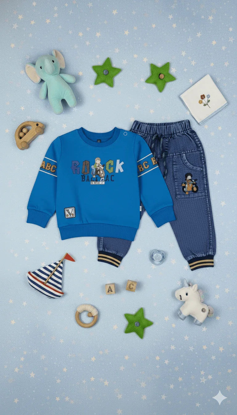 Boy's "Rock Ball" Set Sweatshirt & Denim Joggers - Kiddy Bloom