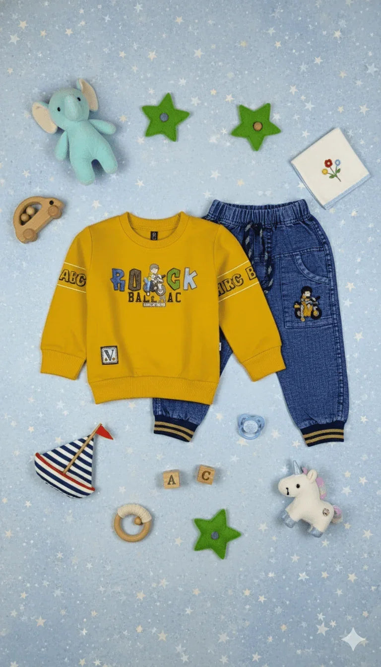 Boy's "Rock Ball" Set Sweatshirt & Denim Joggers - Kiddy Bloom