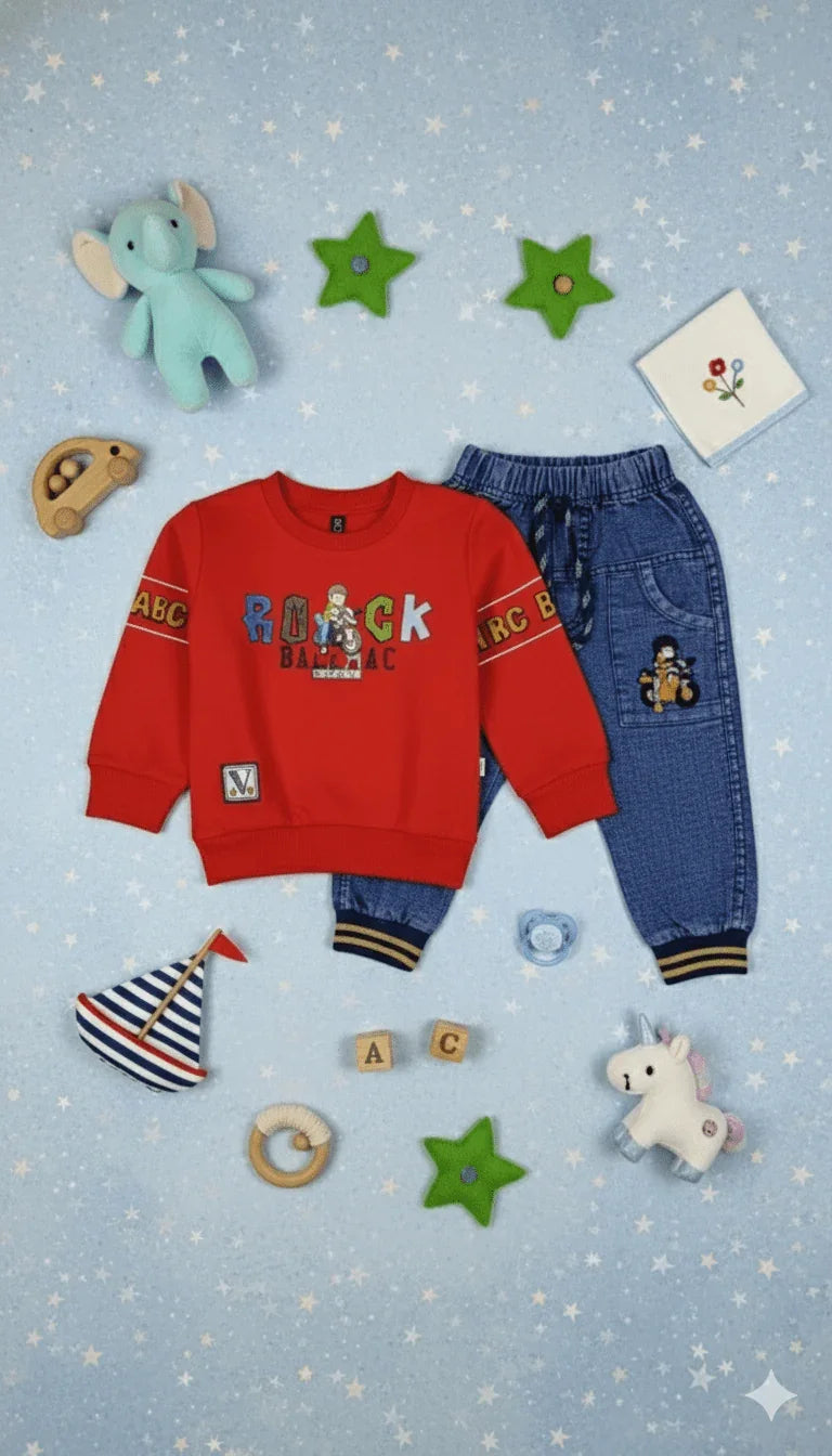 Boy's "Rock Ball" Set Sweatshirt & Denim Joggers - Kiddy Bloom
