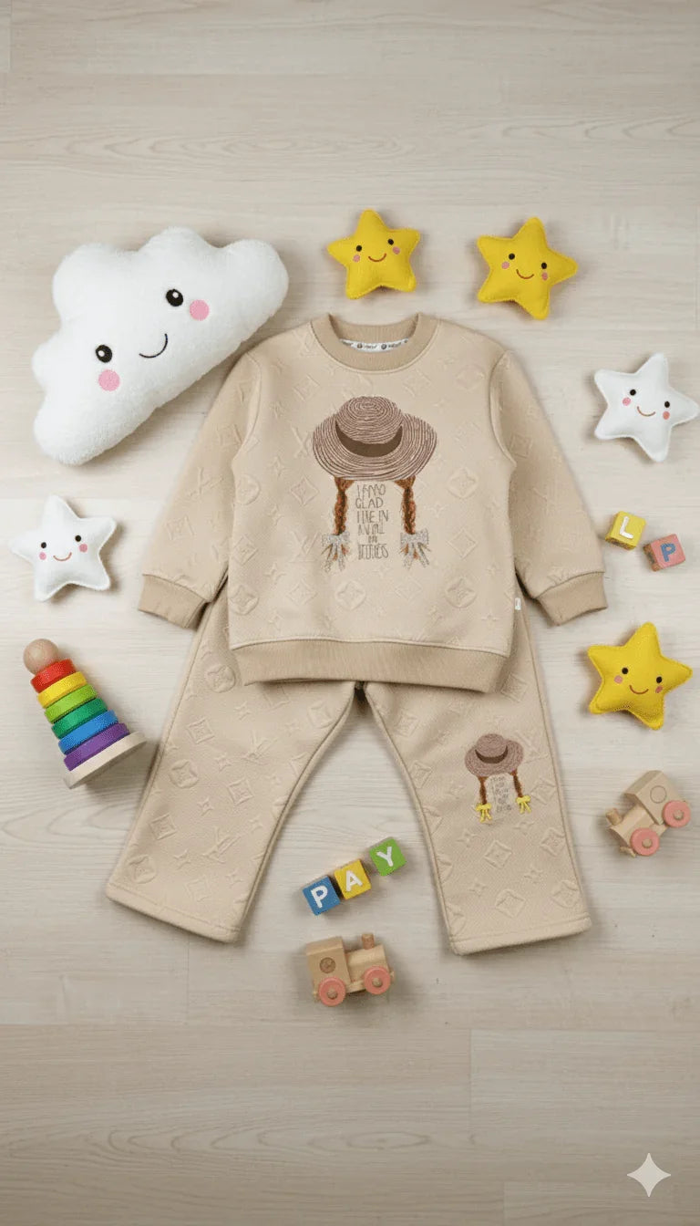 Child's Embroidered Beige Sweat suit Set - Kiddy Bloom