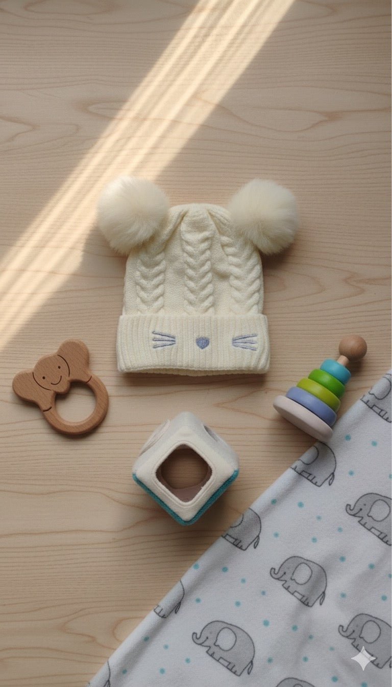 Cream Cable Knit Baby Hat with Pompom Ears & Cat Face - Kiddy Bloom