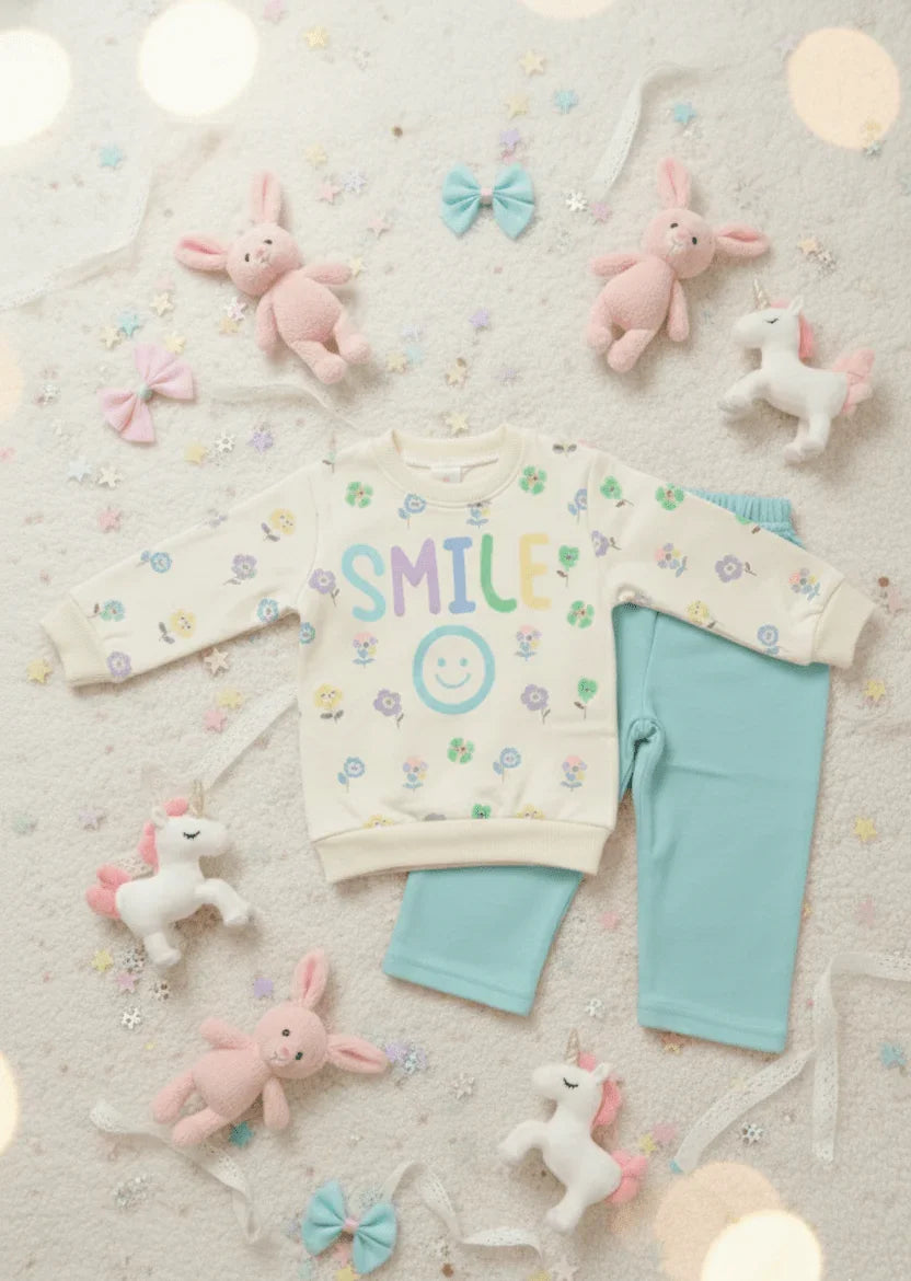 Girl's "Smile" Floral Jersey Set - Cream Sweatshirt & Pants - Kiddy Bloom