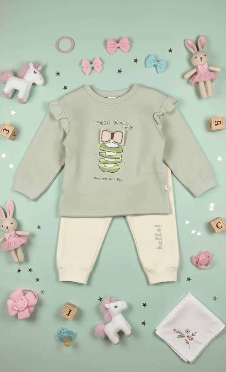 Sage Green Ruffle Top & Cream Pants - 2 Piece Suit - Kiddy Bloom