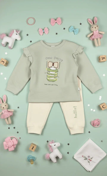 Sage Green Ruffle Top & Cream Pants - 2 Piece Suit - Kiddy Bloom