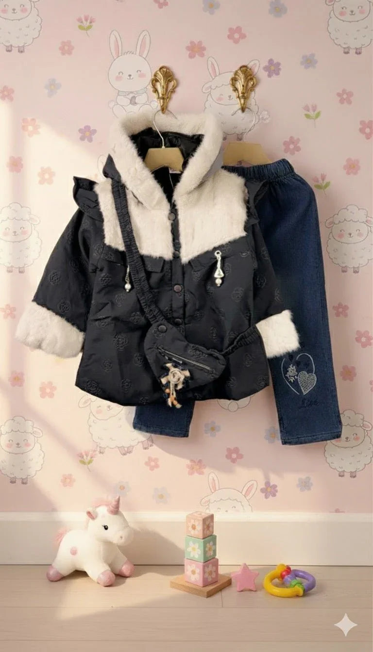 Stylish Grey Toddler Coat, Jeans, and Attached Purse Set - Kiddy Bloom