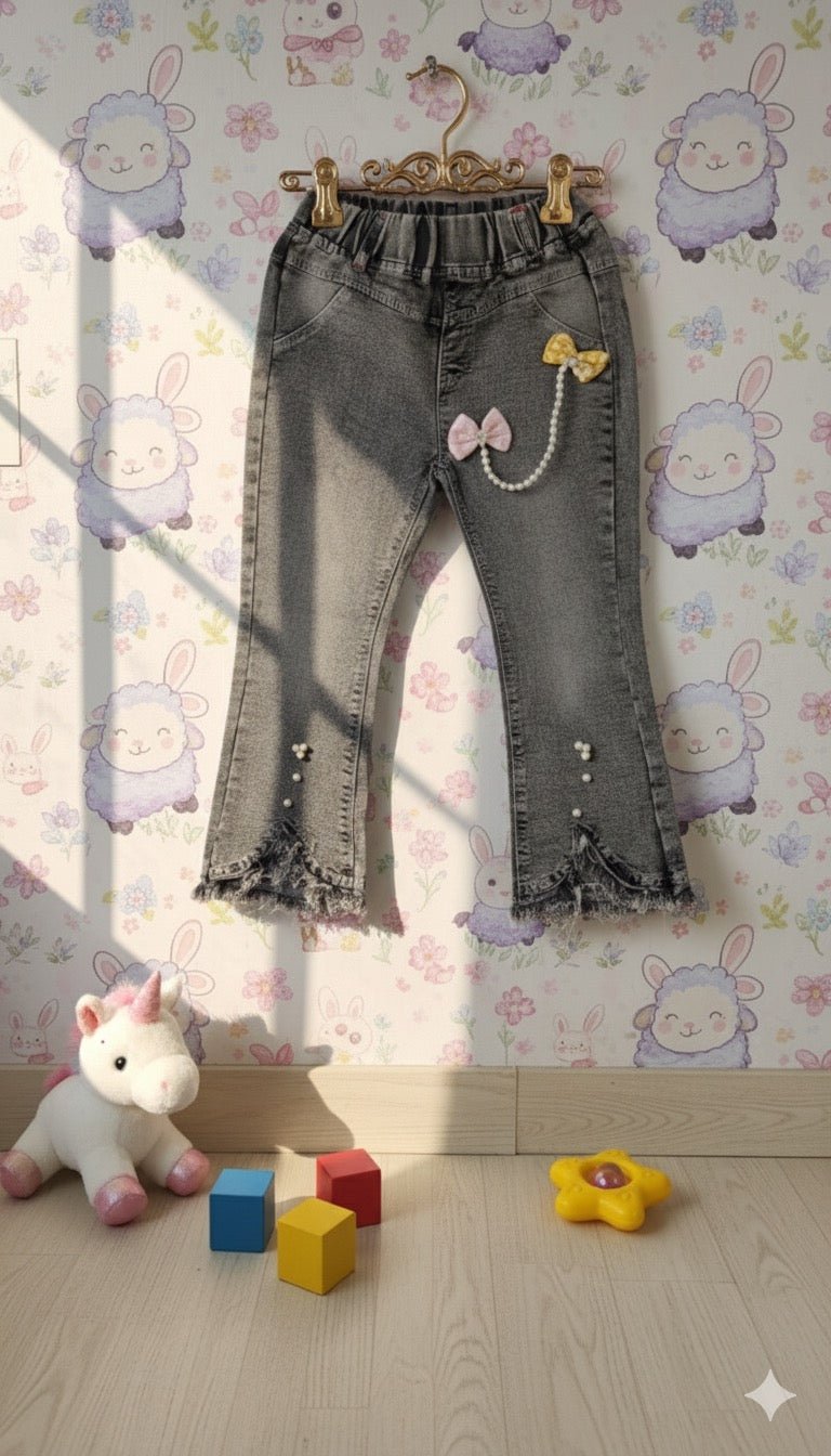 Toddler Girl's Faded Grey Jeans with Bow and Pearl Details - Kiddy Bloom