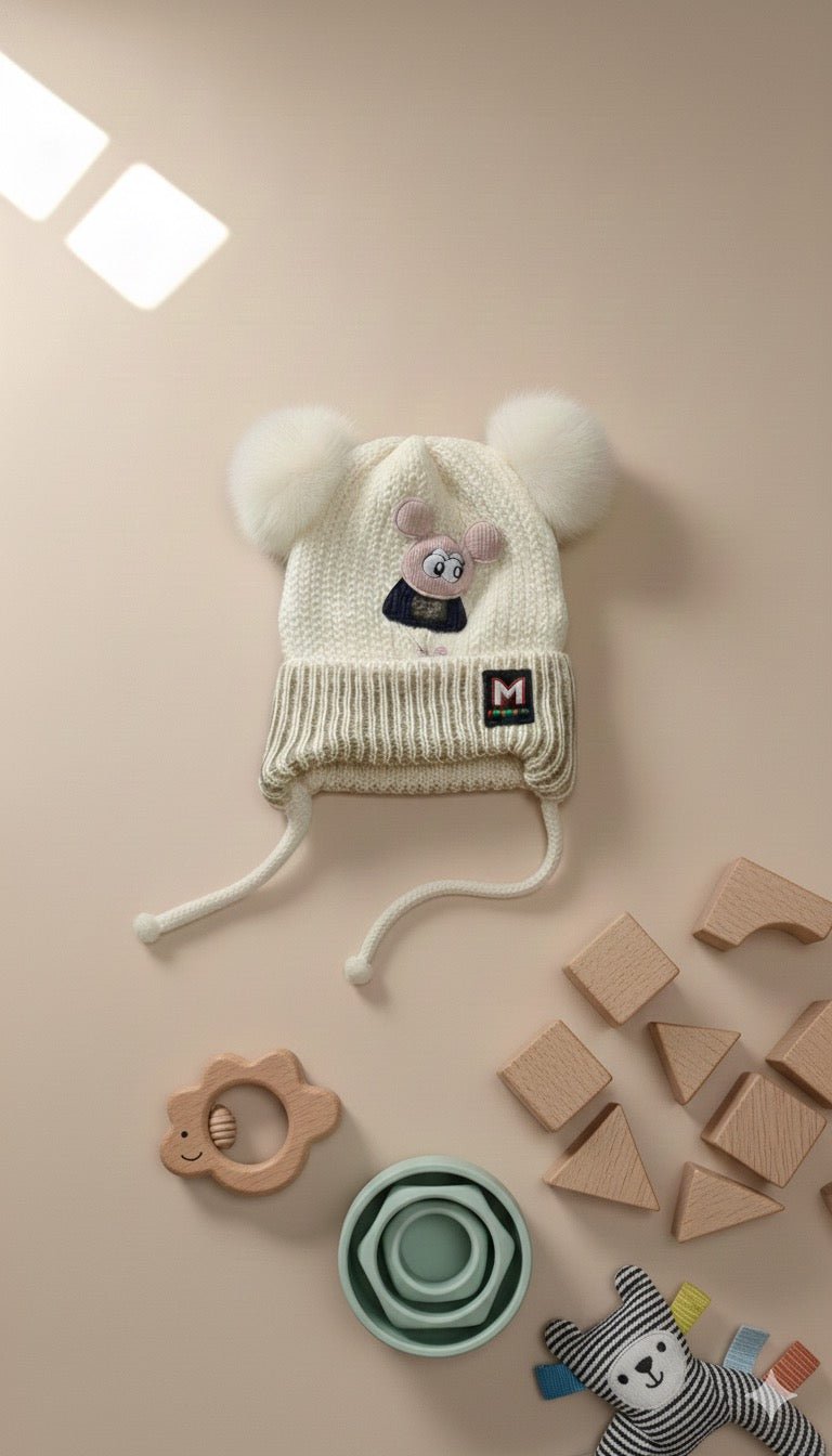 White Wool Knit Baby Hat with Pompoms and Character Patch - Kiddy Bloom