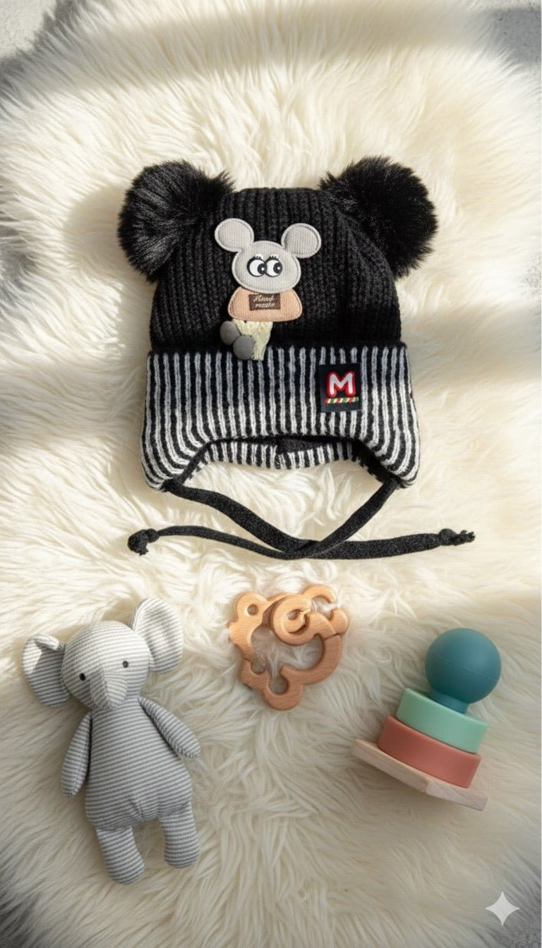 White Wool Knit Baby Hat with Pompoms and Character Patch - Kiddy Bloom